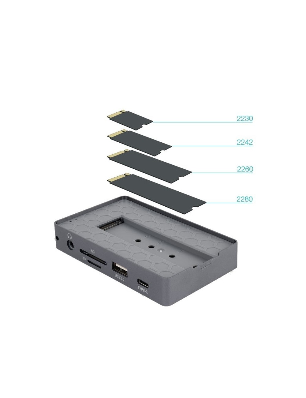 Docking/Caja Externa USB Tipo-C TooQ TQE-2242G/ Ranura SSD M.2/ 1xHDMI/ 1xRJ45/ 1xUSB/ 1xUSB Tipo-C/ 1xLector Tarjetas/ 1x Jack 