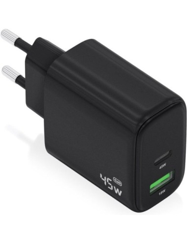 Cargador de Pared GaN Aisens A110-0972/ 1xUSB Tipo-C/ 1xUSB/ 45W/ Negro