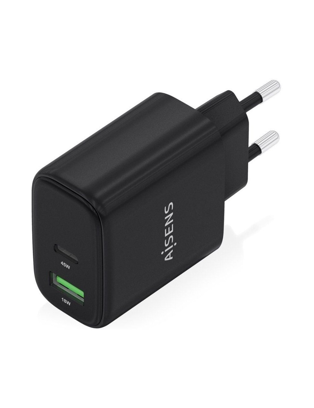 Cargador de Pared GaN Aisens A110-0972/ 1xUSB Tipo-C/ 1xUSB/ 45W/ Negro