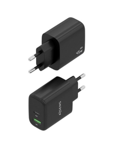 Cargador de Pared GaN Aisens A110-0972/ 1xUSB Tipo-C/ 1xUSB/ 45W/ Negro