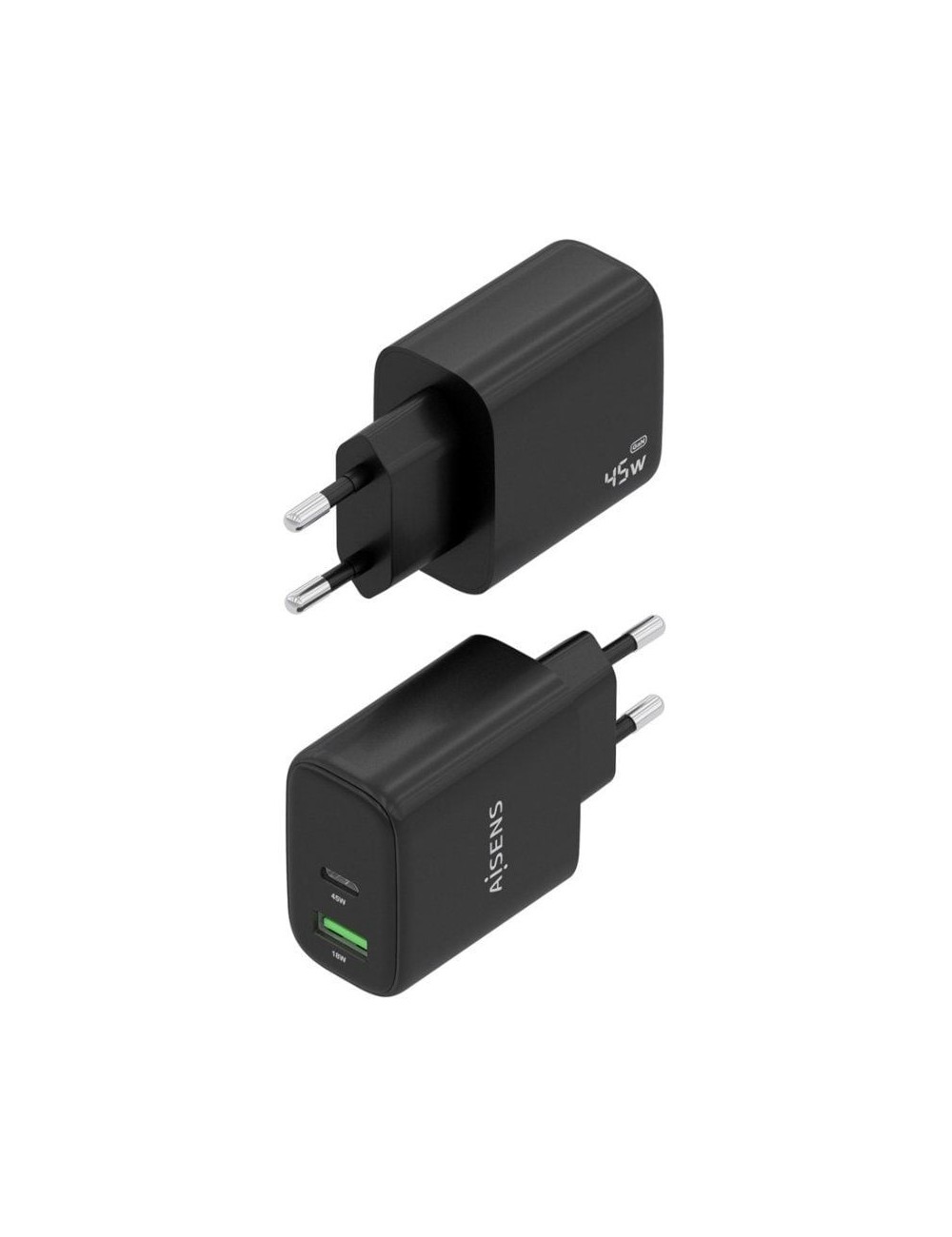 Cargador de Pared GaN Aisens A110-0972/ 1xUSB Tipo-C/ 1xUSB/ 45W/ Negro