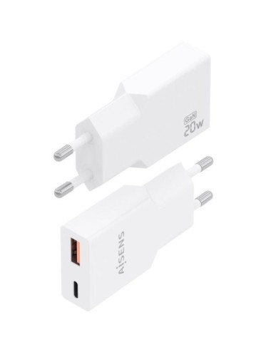 Cargador de Pared GaN Aisens A110-0998/ 1xUSB Tipo-C/ 1xUSB/ 20W/ Blanco