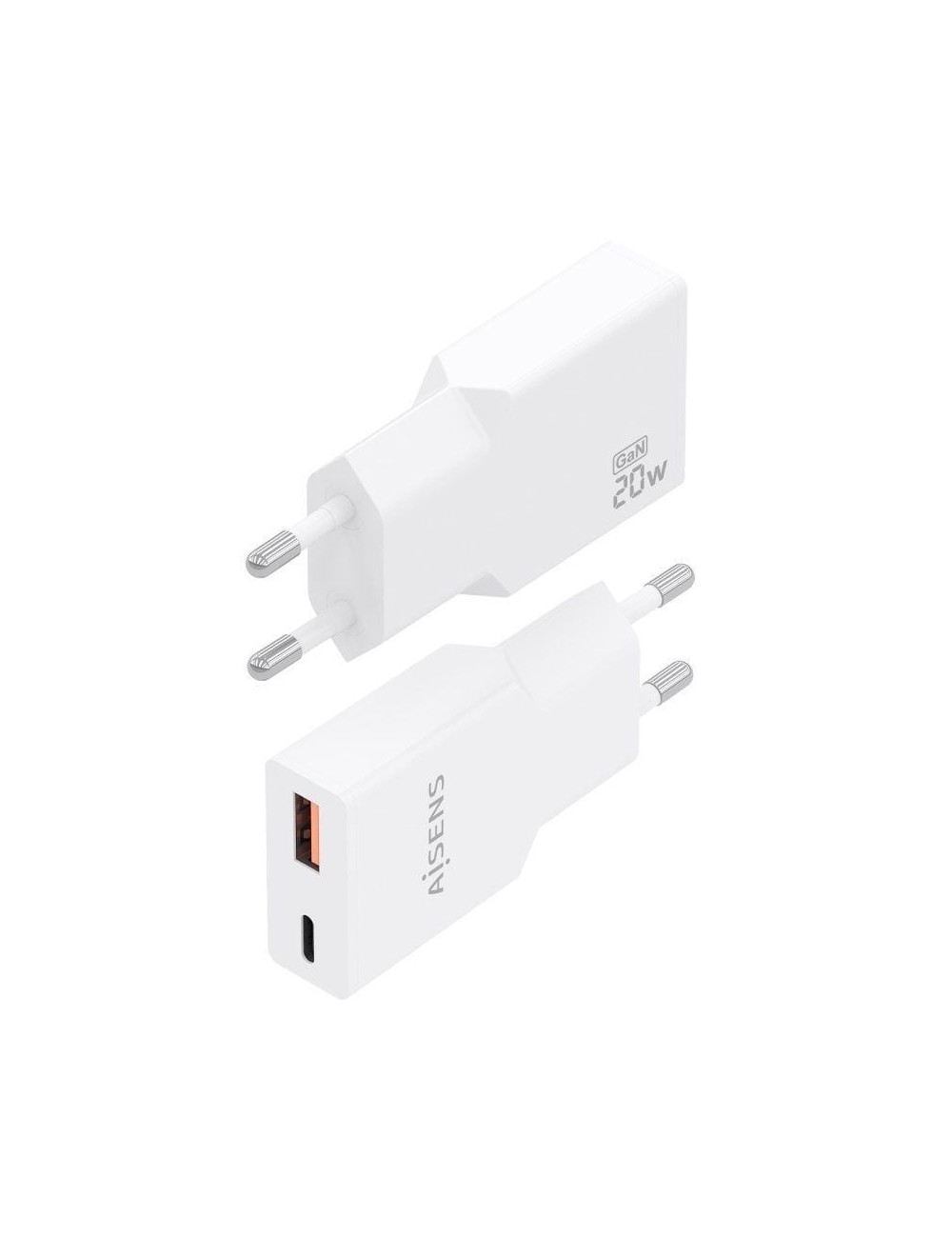 Cargador de Pared GaN Aisens A110-0998/ 1xUSB Tipo-C/ 1xUSB/ 20W/ Blanco