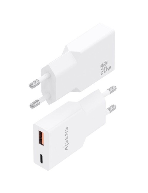 Cargador de Pared GaN Aisens A110-0998/ 1xUSB Tipo-C/ 1xUSB/ 20W/ Blanco