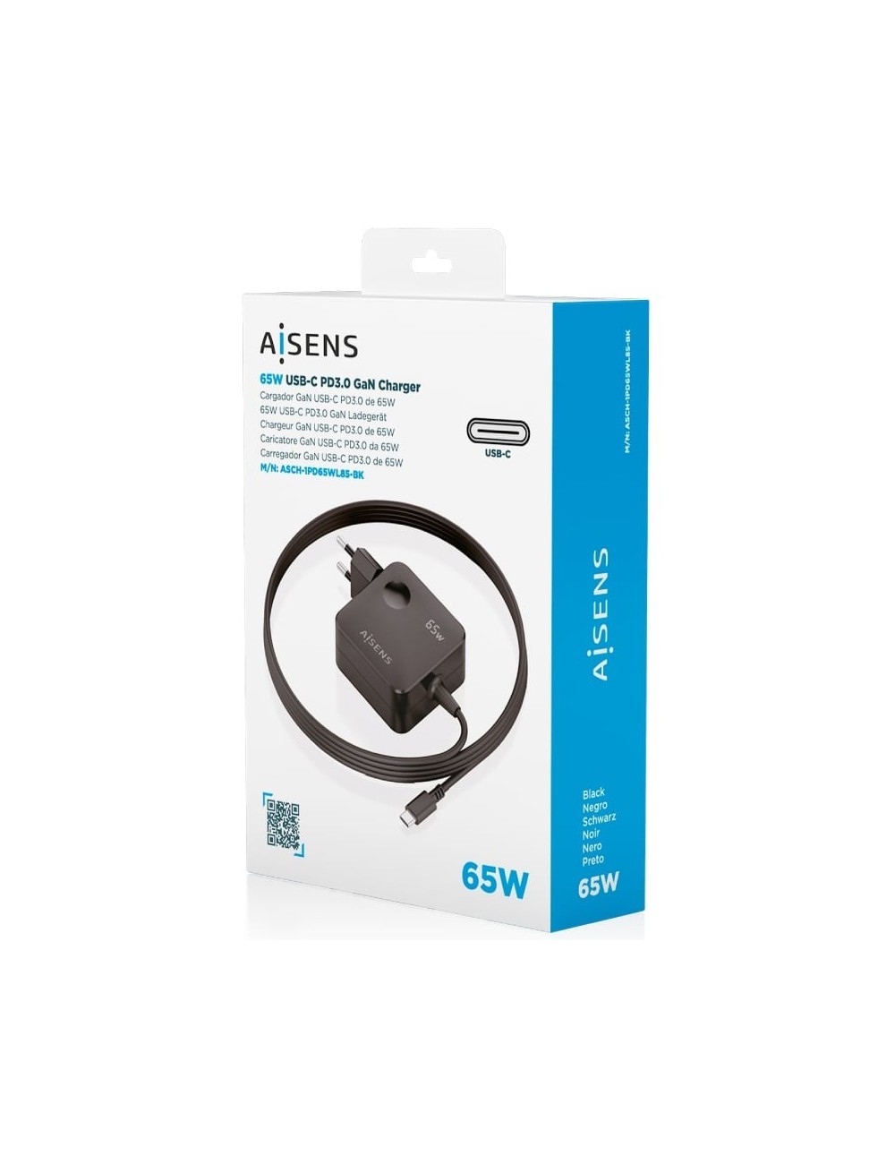 Cargador de Pared GaN Aisens ASCH-1PD65WL85-BK/ 1xUSB Tipo-C/ 65W
