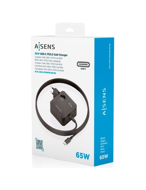 Cargador de Pared GaN Aisens ASCH-1PD65WL85-BK/ 1xUSB Tipo-C/ 65W