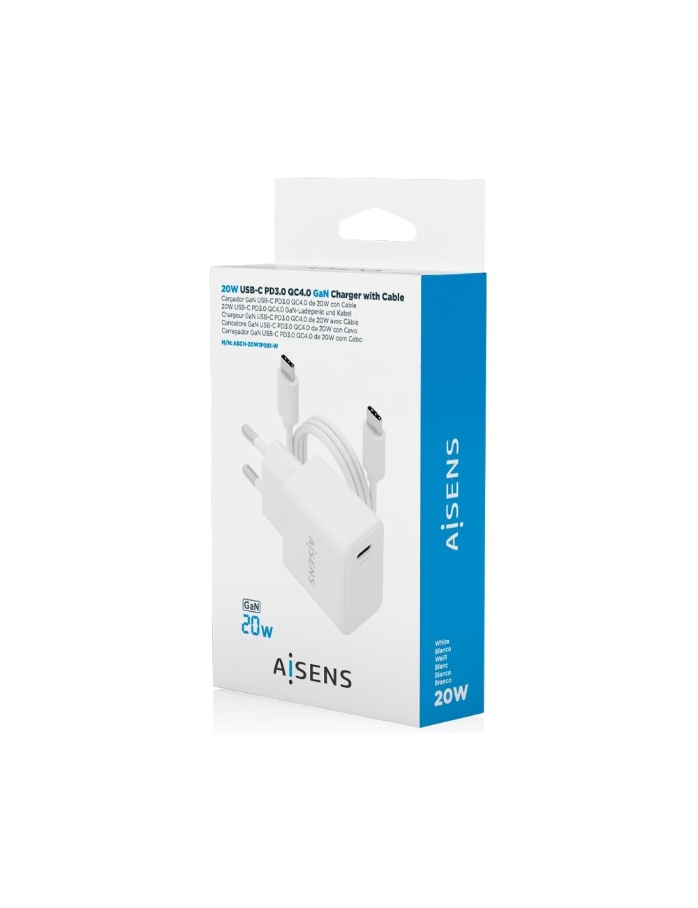 Cargador de Pared GaN Aisens ASCH-20W1P081-W/ 1xUSB Tipo-C/ 20W/ Blanco/ Incluye Cable USB Tipo-C