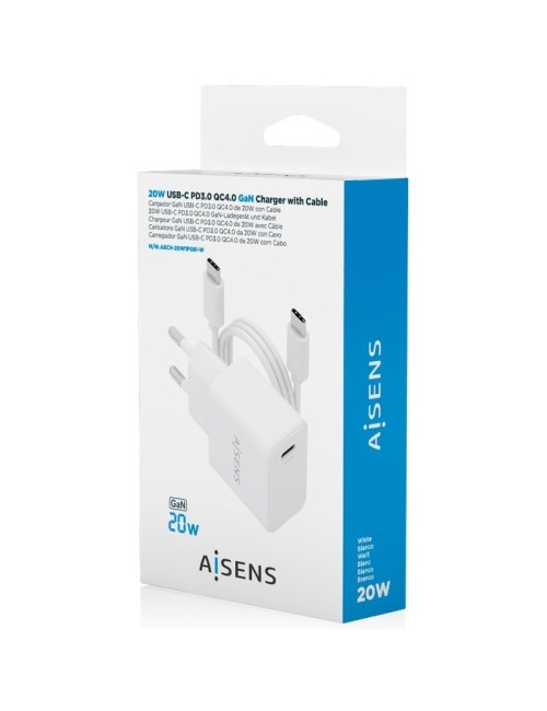 Cargador de Pared GaN Aisens ASCH-20W1P081-W/ 1xUSB Tipo-C/ 20W/ Blanco/ Incluye Cable USB Tipo-C