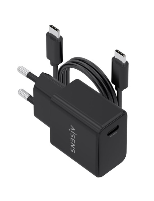 Cargador de Pared GaN Aisens ASCH-20W1P082-BK/ 1xUSB Tipo-C/ 20W/ Incluye Cable USB Tipo-C