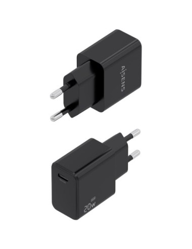 Cargador de Pared GaN Aisens ASCH-20W1P082-BK/ 1xUSB Tipo-C/ 20W/ Incluye Cable USB Tipo-C