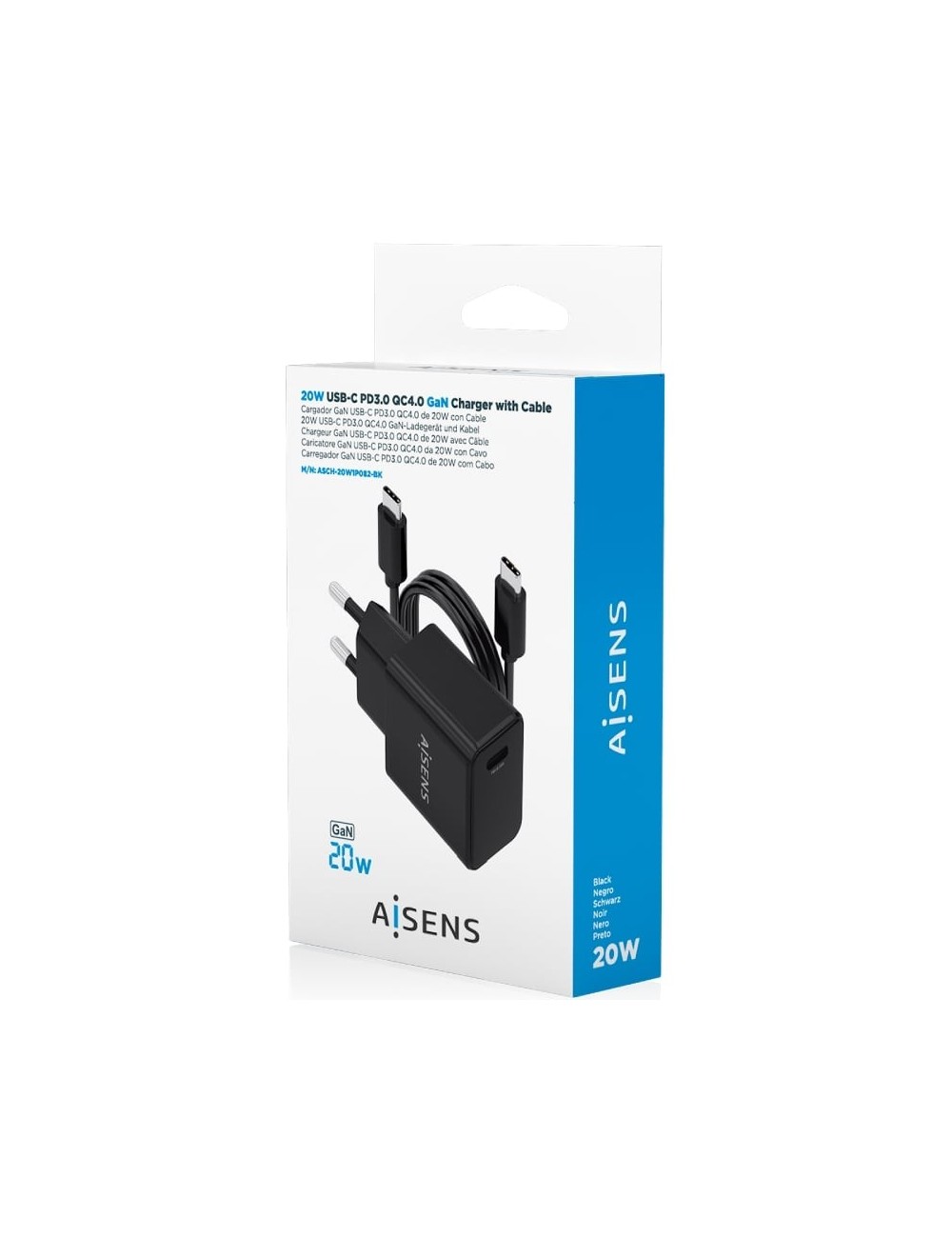Cargador de Pared GaN Aisens ASCH-20W1P082-BK/ 1xUSB Tipo-C/ 20W/ Incluye Cable USB Tipo-C