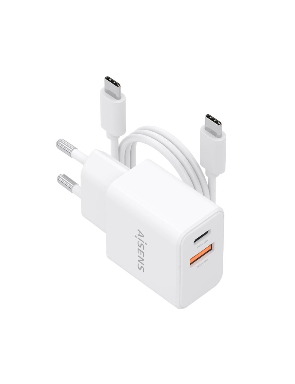 Cargador de Pared GaN Aisens ASCH-20W2P083-W/ 1xUSB Tipo-C/ 1xUSB/ 20W/ Blanco/ Incluye Cable USB Tipo-C
