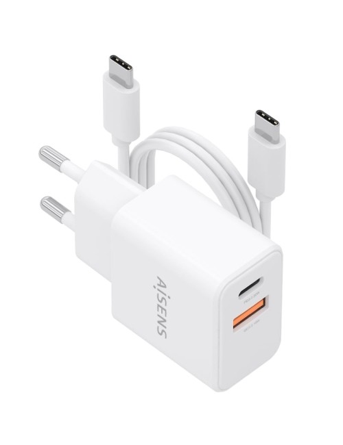 Cargador de Pared GaN Aisens ASCH-20W2P083-W/ 1xUSB Tipo-C/ 1xUSB/ 20W/ Blanco/ Incluye Cable USB Tipo-C