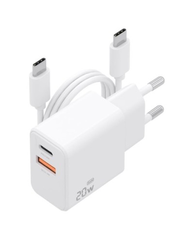 Cargador de Pared GaN Aisens ASCH-20W2P083-W/ 1xUSB Tipo-C/ 1xUSB/ 20W/ Blanco/ Incluye Cable USB Tipo-C