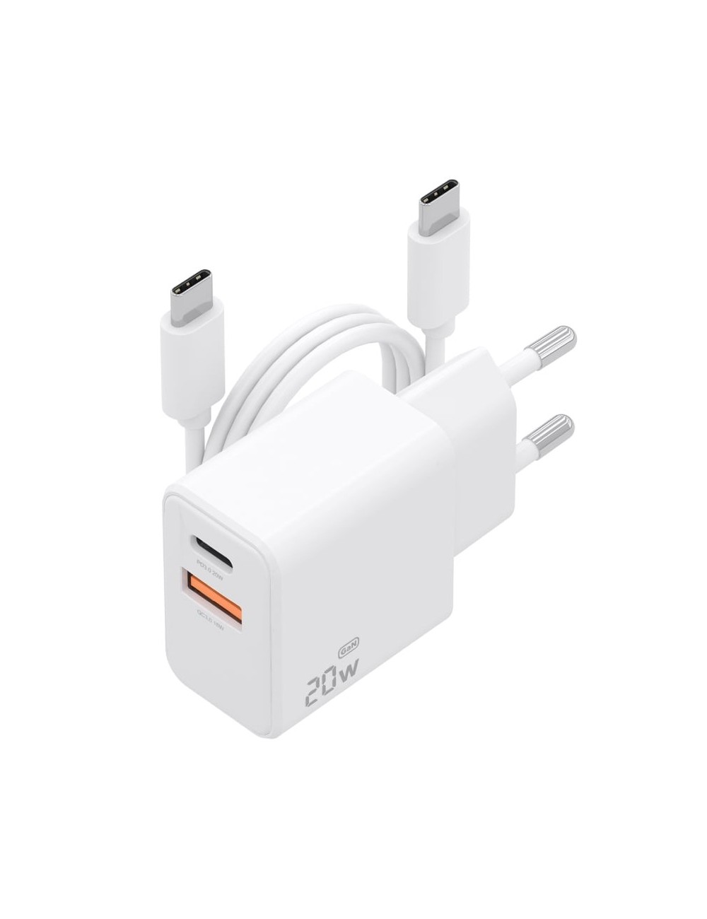 Cargador de Pared GaN Aisens ASCH-20W2P083-W/ 1xUSB Tipo-C/ 1xUSB/ 20W/ Blanco/ Incluye Cable USB Tipo-C