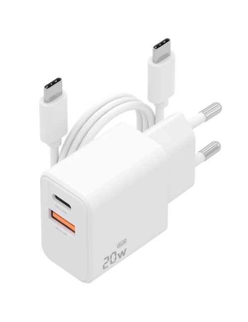 Cargador de Pared GaN Aisens ASCH-20W2P083-W/ 1xUSB Tipo-C/ 1xUSB/ 20W/ Blanco/ Incluye Cable USB Tipo-C
