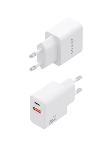 Cargador de Pared GaN Aisens ASCH-20W2P083-W/ 1xUSB Tipo-C/ 1xUSB/ 20W/ Blanco/ Incluye Cable USB Tipo-C