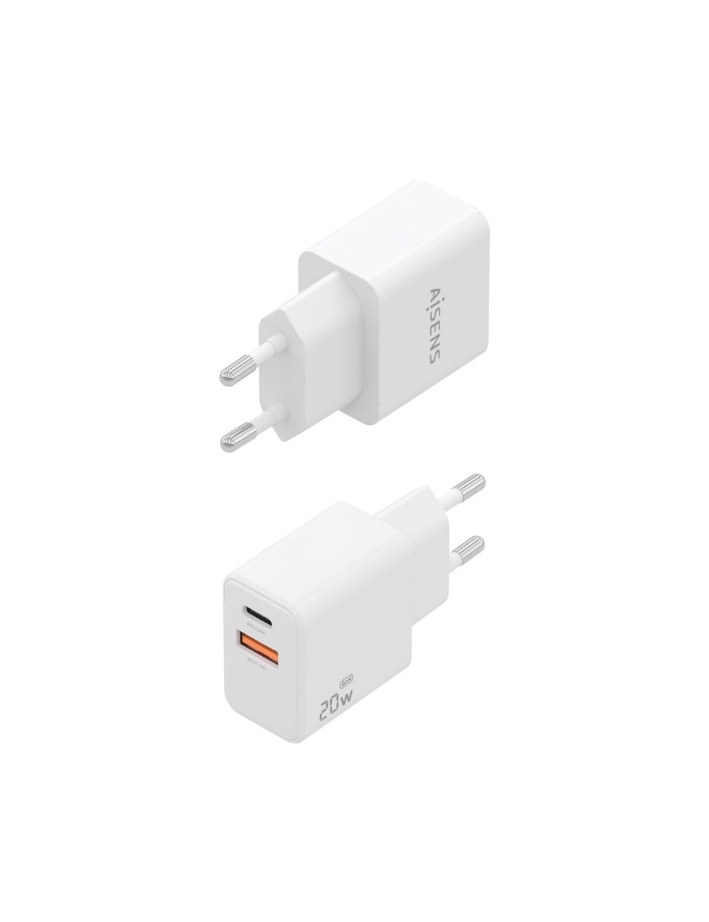 Cargador de Pared GaN Aisens ASCH-20W2P083-W/ 1xUSB Tipo-C/ 1xUSB/ 20W/ Blanco/ Incluye Cable USB Tipo-C