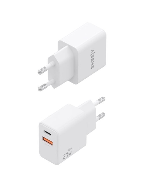 Cargador de Pared GaN Aisens ASCH-20W2P083-W/ 1xUSB Tipo-C/ 1xUSB/ 20W/ Blanco/ Incluye Cable USB Tipo-C