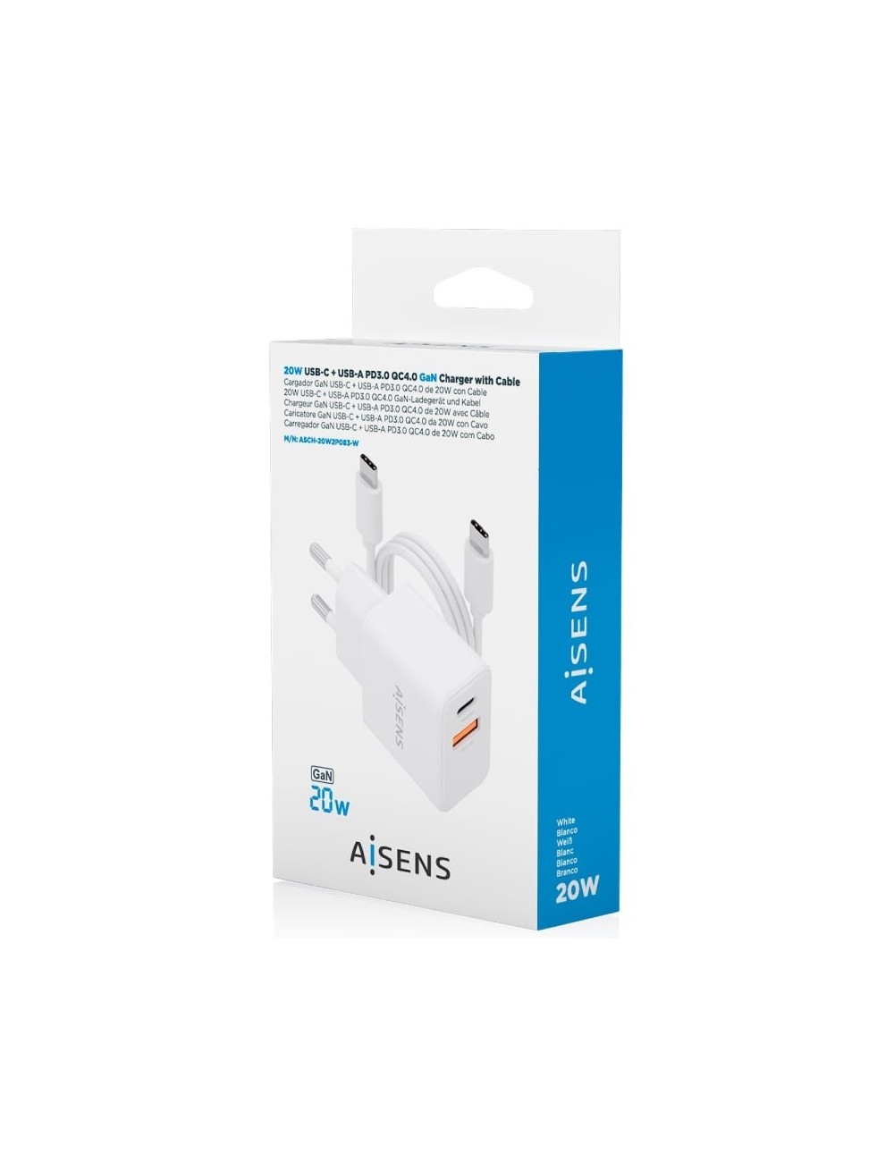 Cargador de Pared GaN Aisens ASCH-20W2P083-W/ 1xUSB Tipo-C/ 1xUSB/ 20W/ Blanco/ Incluye Cable USB Tipo-C