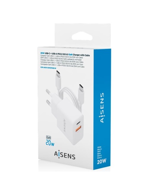 Cargador de Pared GaN Aisens ASCH-20W2P083-W/ 1xUSB Tipo-C/ 1xUSB/ 20W/ Blanco/ Incluye Cable USB Tipo-C