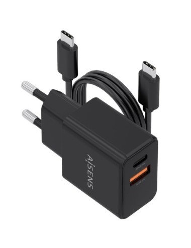 Cargador de Pared GaN Aisens ASCH-20W2P084-BK/ 1xUSB Tipo-C/ 1xUSB/ 20W/ Incluye Cable USB Tipo-C