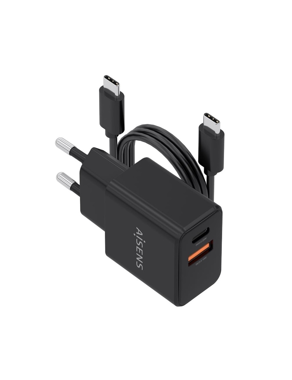 Cargador de Pared GaN Aisens ASCH-20W2P084-BK/ 1xUSB Tipo-C/ 1xUSB/ 20W/ Incluye Cable USB Tipo-C