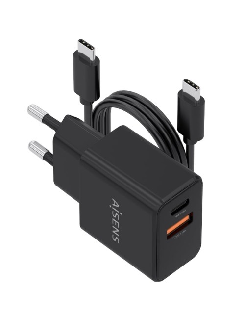 Cargador de Pared GaN Aisens ASCH-20W2P084-BK/ 1xUSB Tipo-C/ 1xUSB/ 20W/ Incluye Cable USB Tipo-C
