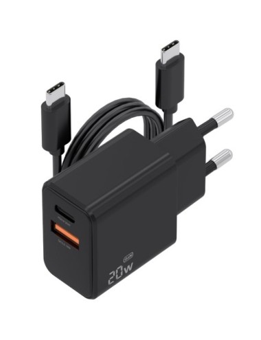 Cargador de Pared GaN Aisens ASCH-20W2P084-BK/ 1xUSB Tipo-C/ 1xUSB/ 20W/ Incluye Cable USB Tipo-C