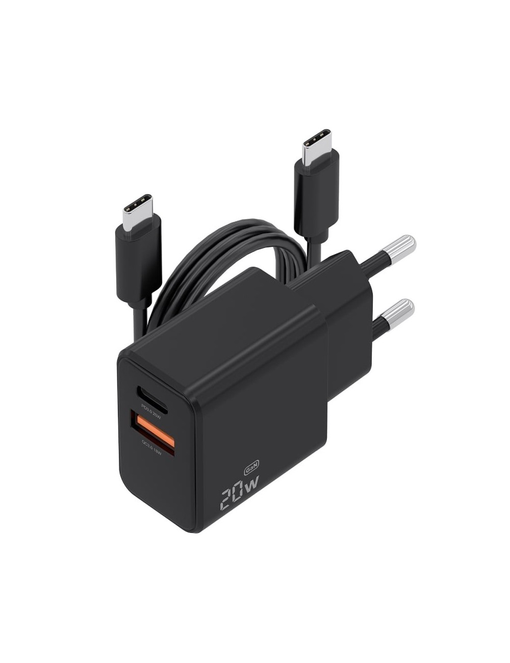 Cargador de Pared GaN Aisens ASCH-20W2P084-BK/ 1xUSB Tipo-C/ 1xUSB/ 20W/ Incluye Cable USB Tipo-C