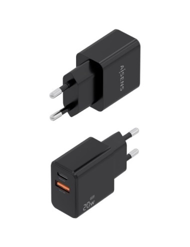 Cargador de Pared GaN Aisens ASCH-20W2P084-BK/ 1xUSB Tipo-C/ 1xUSB/ 20W/ Incluye Cable USB Tipo-C
