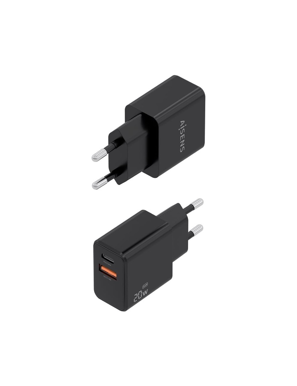 Cargador de Pared GaN Aisens ASCH-20W2P084-BK/ 1xUSB Tipo-C/ 1xUSB/ 20W/ Incluye Cable USB Tipo-C
