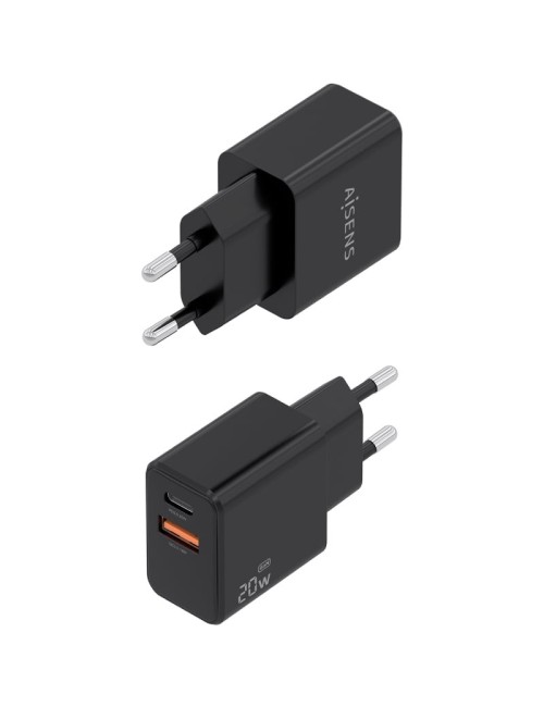 Cargador de Pared GaN Aisens ASCH-20W2P084-BK/ 1xUSB Tipo-C/ 1xUSB/ 20W/ Incluye Cable USB Tipo-C
