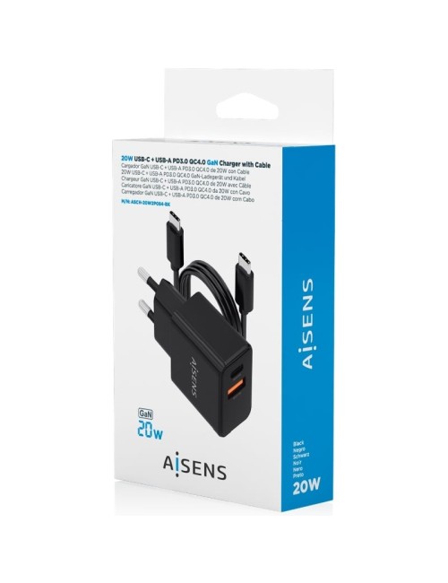 Cargador de Pared GaN Aisens ASCH-20W2P084-BK/ 1xUSB Tipo-C/ 1xUSB/ 20W/ Incluye Cable USB Tipo-C