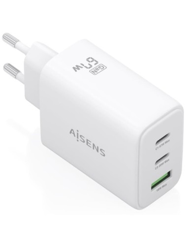 Cargador de Pared GaN Aisens ASCH-67W3P086-W/ 2xUSB Tipo-C/ 1xUSB/ 67W/ Blanco