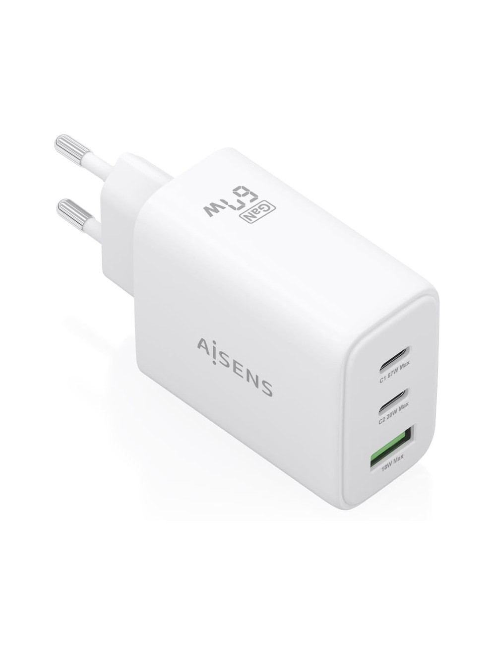 Cargador de Pared GaN Aisens ASCH-67W3P086-W/ 2xUSB Tipo-C/ 1xUSB/ 67W/ Blanco