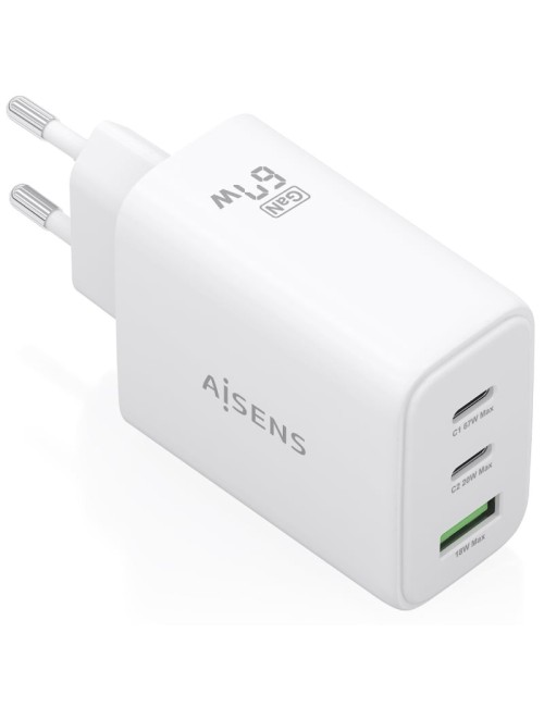 Cargador de Pared GaN Aisens ASCH-67W3P086-W/ 2xUSB Tipo-C/ 1xUSB/ 67W/ Blanco