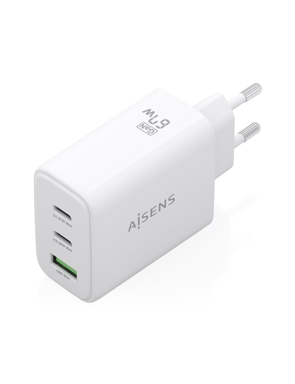Cargador de Pared GaN Aisens ASCH-67W3P086-W/ 2xUSB Tipo-C/ 1xUSB/ 67W/ Blanco