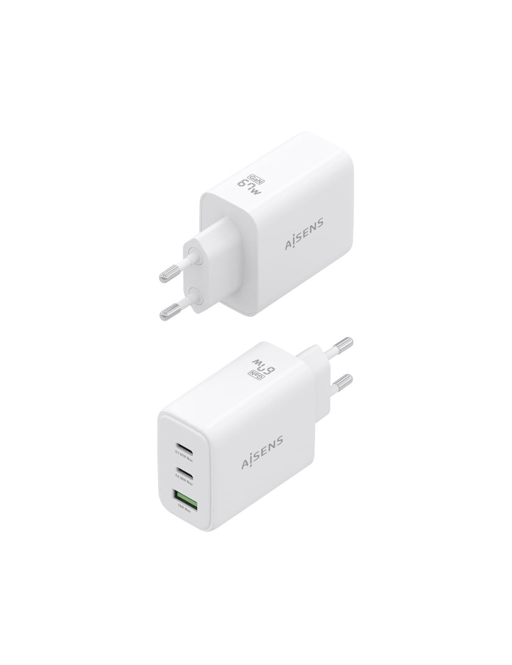 Cargador de Pared GaN Aisens ASCH-67W3P086-W/ 2xUSB Tipo-C/ 1xUSB/ 67W/ Blanco