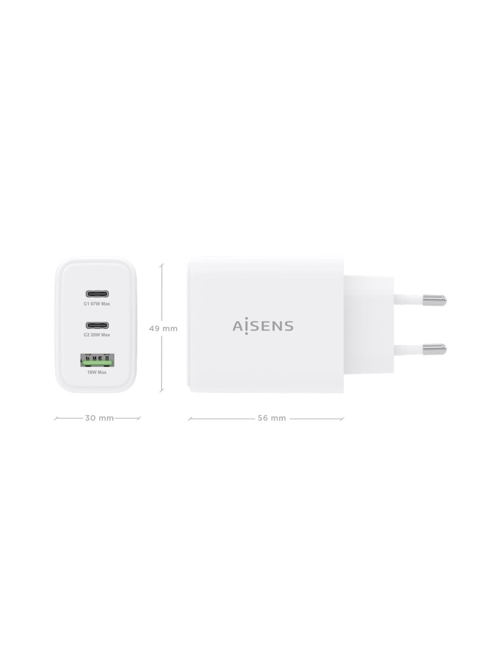 Cargador de Pared GaN Aisens ASCH-67W3P086-W/ 2xUSB Tipo-C/ 1xUSB/ 67W/ Blanco