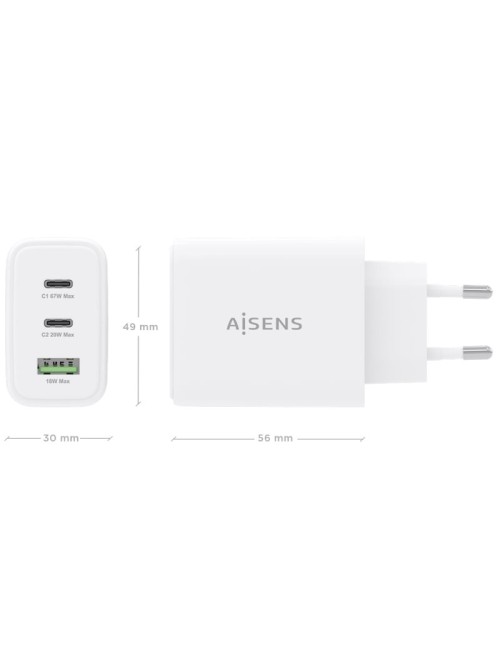 Cargador de Pared GaN Aisens ASCH-67W3P086-W/ 2xUSB Tipo-C/ 1xUSB/ 67W/ Blanco