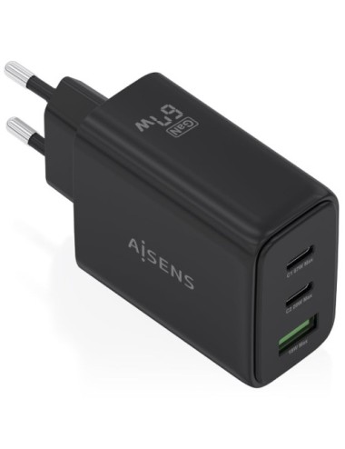 Cargador de Pared GaN Aisens ASCH-67W3P087-BK/ 2xUSB Tipo-C/ 1xUSB/ 67W
