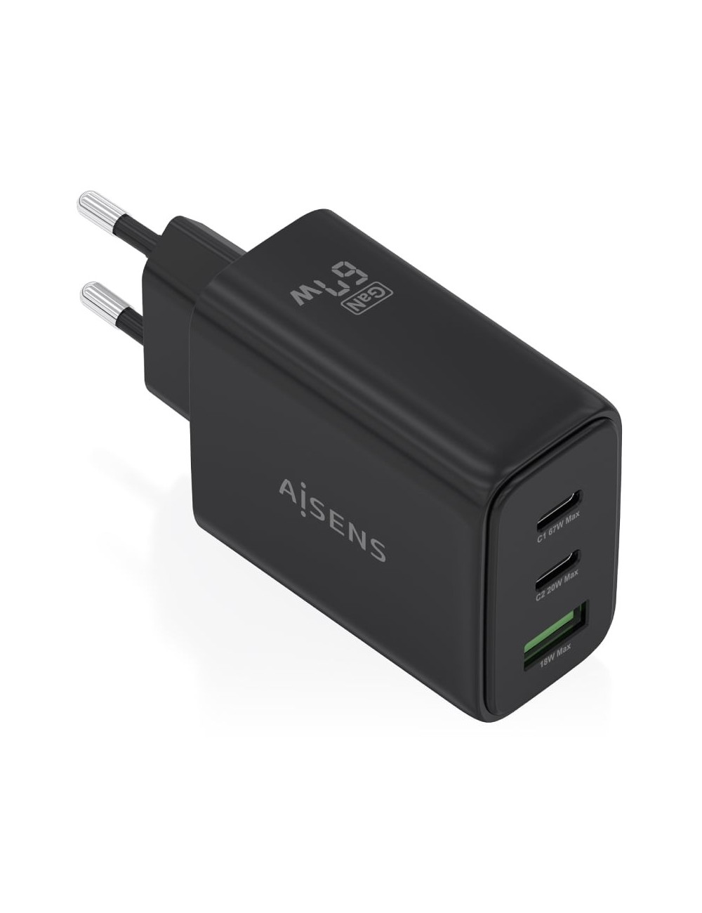 Cargador de Pared GaN Aisens ASCH-67W3P087-BK/ 2xUSB Tipo-C/ 1xUSB/ 67W