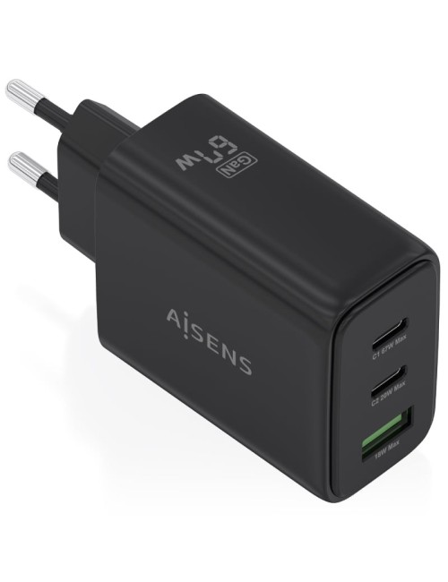 Cargador de Pared GaN Aisens ASCH-67W3P087-BK/ 2xUSB Tipo-C/ 1xUSB/ 67W