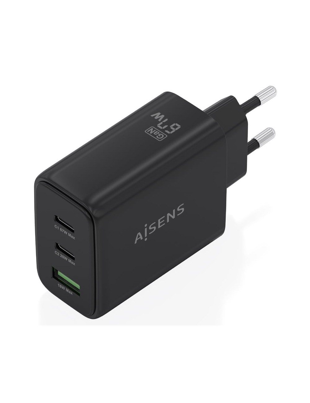 Cargador de Pared GaN Aisens ASCH-67W3P087-BK/ 2xUSB Tipo-C/ 1xUSB/ 67W