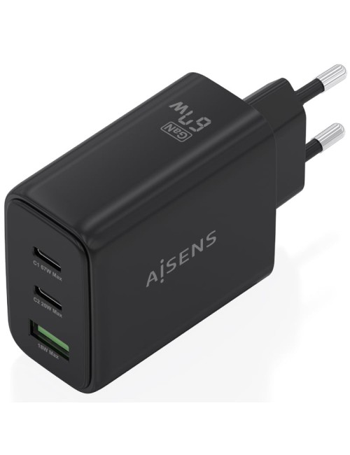 Cargador de Pared GaN Aisens ASCH-67W3P087-BK/ 2xUSB Tipo-C/ 1xUSB/ 67W