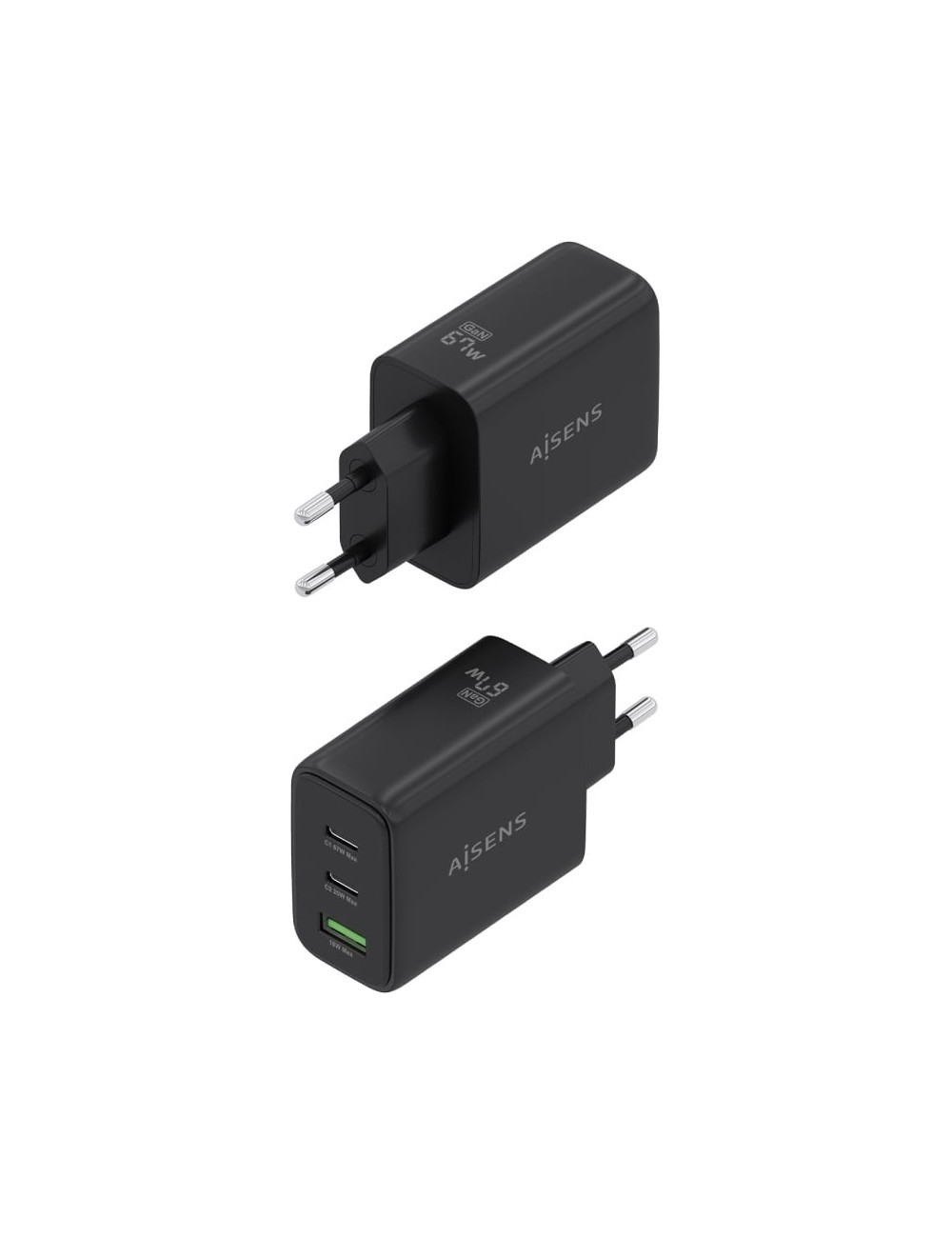 Cargador de Pared GaN Aisens ASCH-67W3P087-BK/ 2xUSB Tipo-C/ 1xUSB/ 67W
