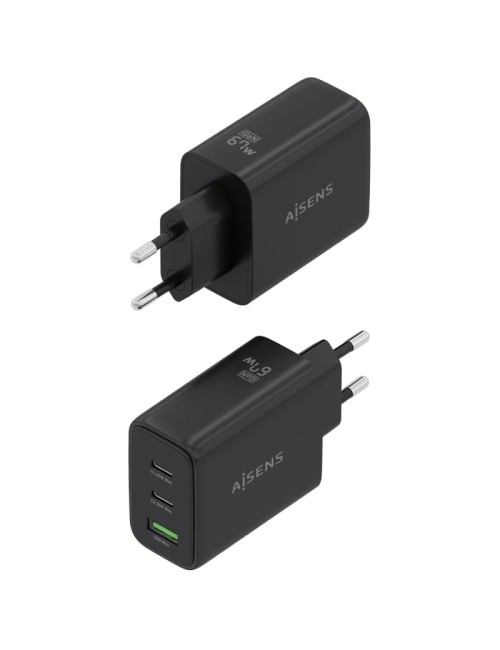 Cargador de Pared GaN Aisens ASCH-67W3P087-BK/ 2xUSB Tipo-C/ 1xUSB/ 67W
