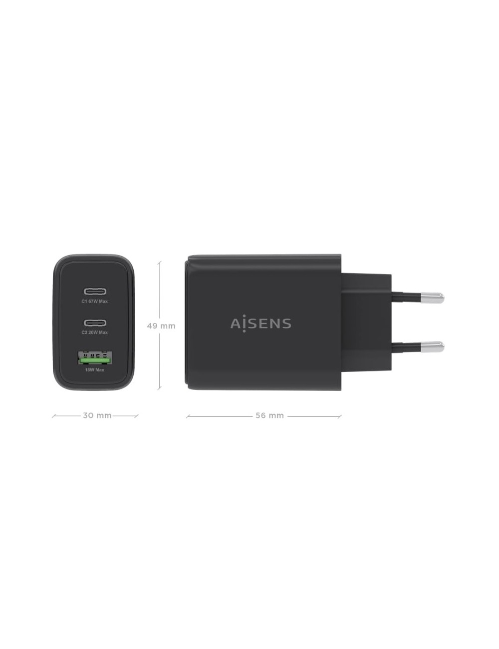 Cargador de Pared GaN Aisens ASCH-67W3P087-BK/ 2xUSB Tipo-C/ 1xUSB/ 67W