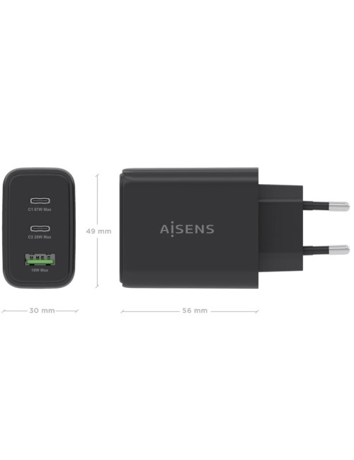 Cargador de Pared GaN Aisens ASCH-67W3P087-BK/ 2xUSB Tipo-C/ 1xUSB/ 67W